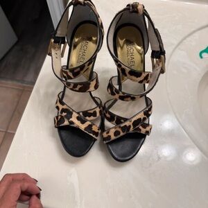 Michael Kors Leopard Print Strappy Heels in Tan and Black